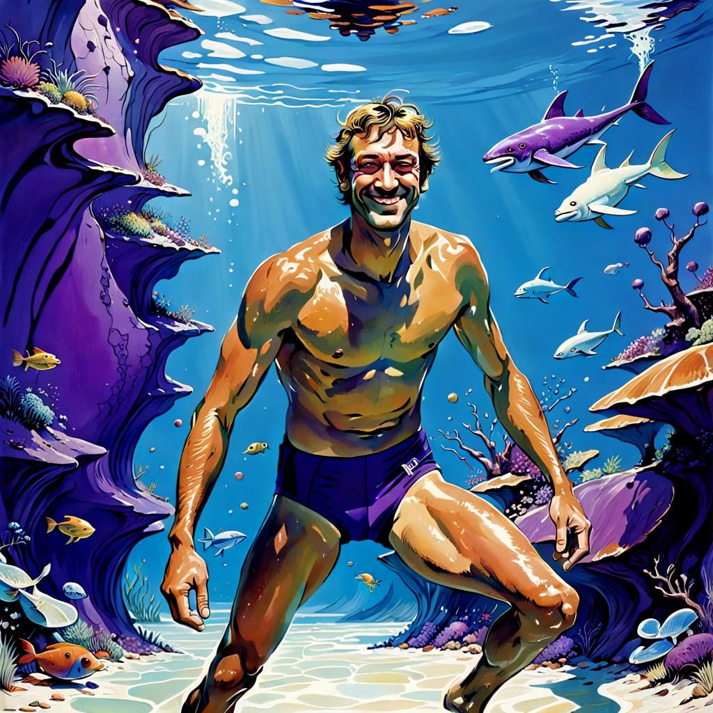 Smiling Swimmer Portrait in Roger Dean Style