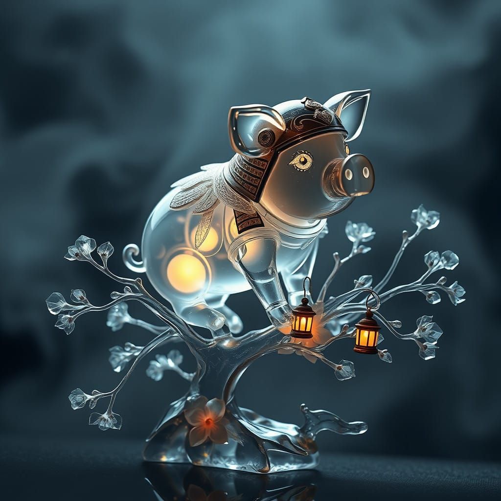 Glass Samurai Piglet on Crystal Sakura Tree in Mystical Sett...