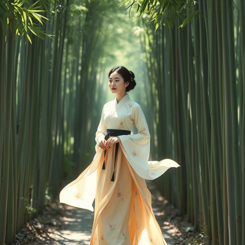 Korean Woman in Hanbok Strolling Through Bamboo Forest