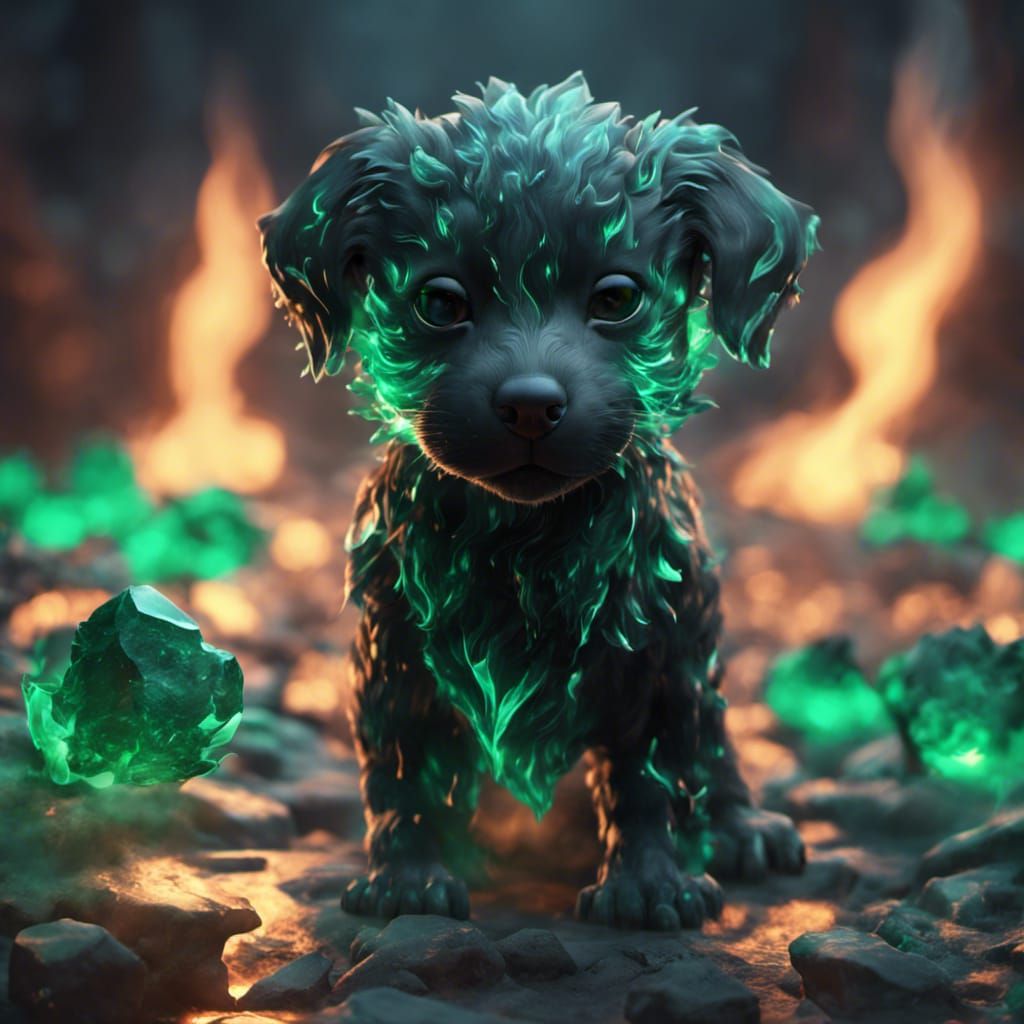 Crystal Puppy in Emerald Flames: Fantasy Concept Art
