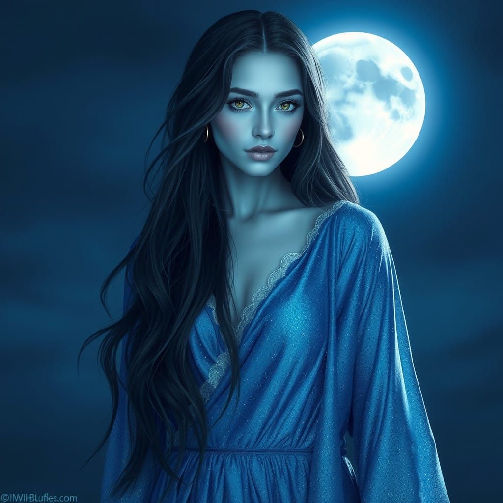 Ethereal Silver Blue Moon Goddess They have long dark blue h...