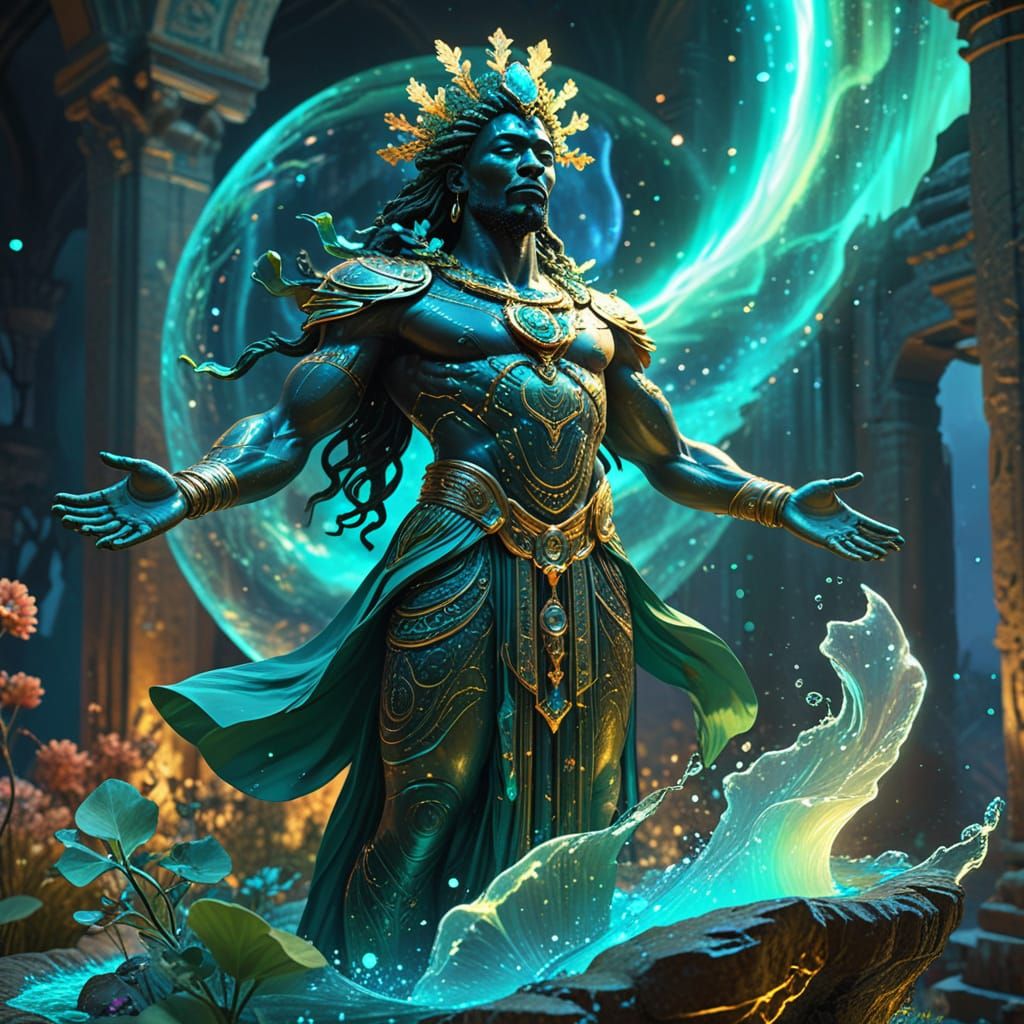 African Aurora God on Floating Island, Art Nouveau Style