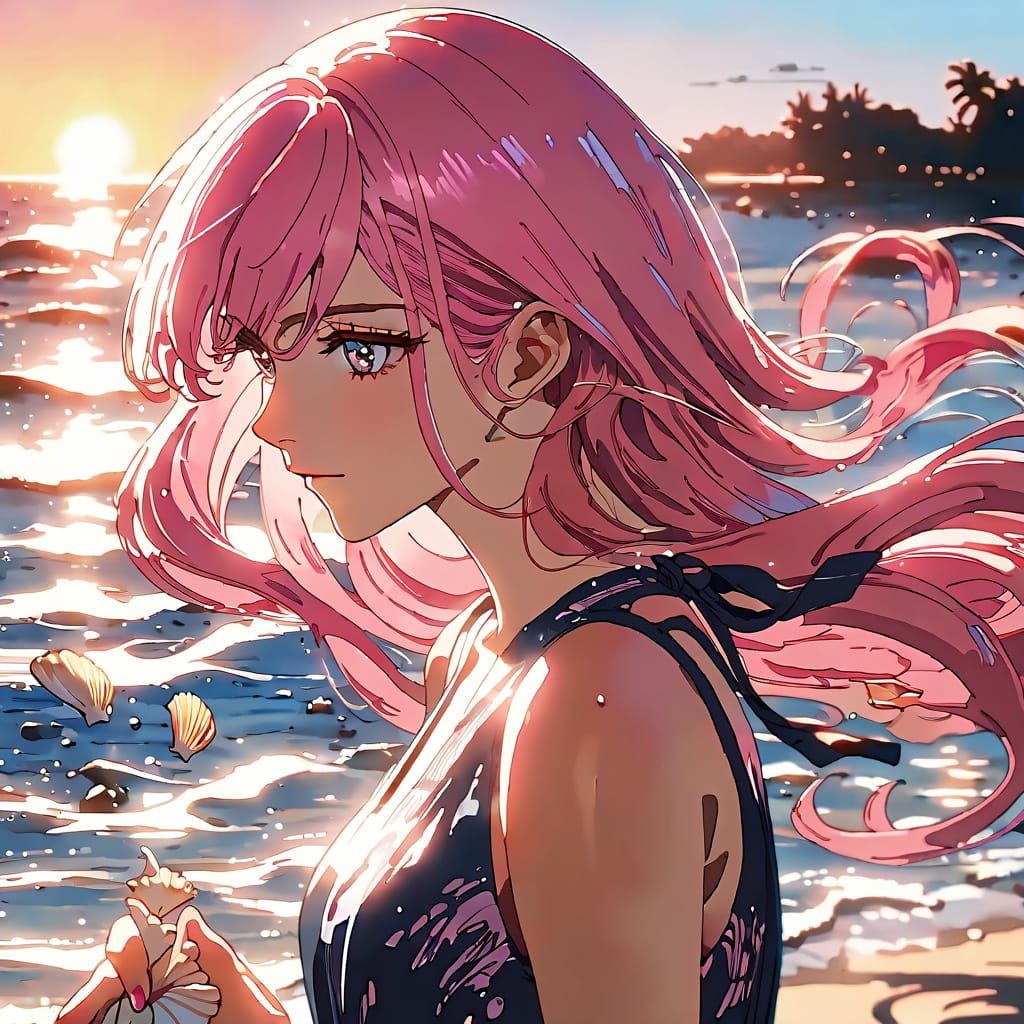 Anime Woman Collects Seashells at Sunset