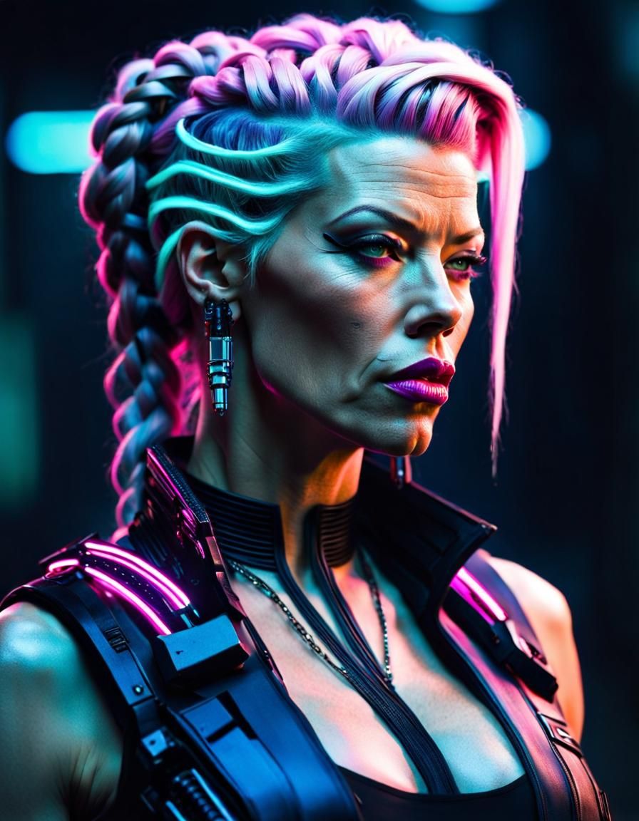 Cyberpunk Stepmom with Neon Switchblade: Realistic Portrait
