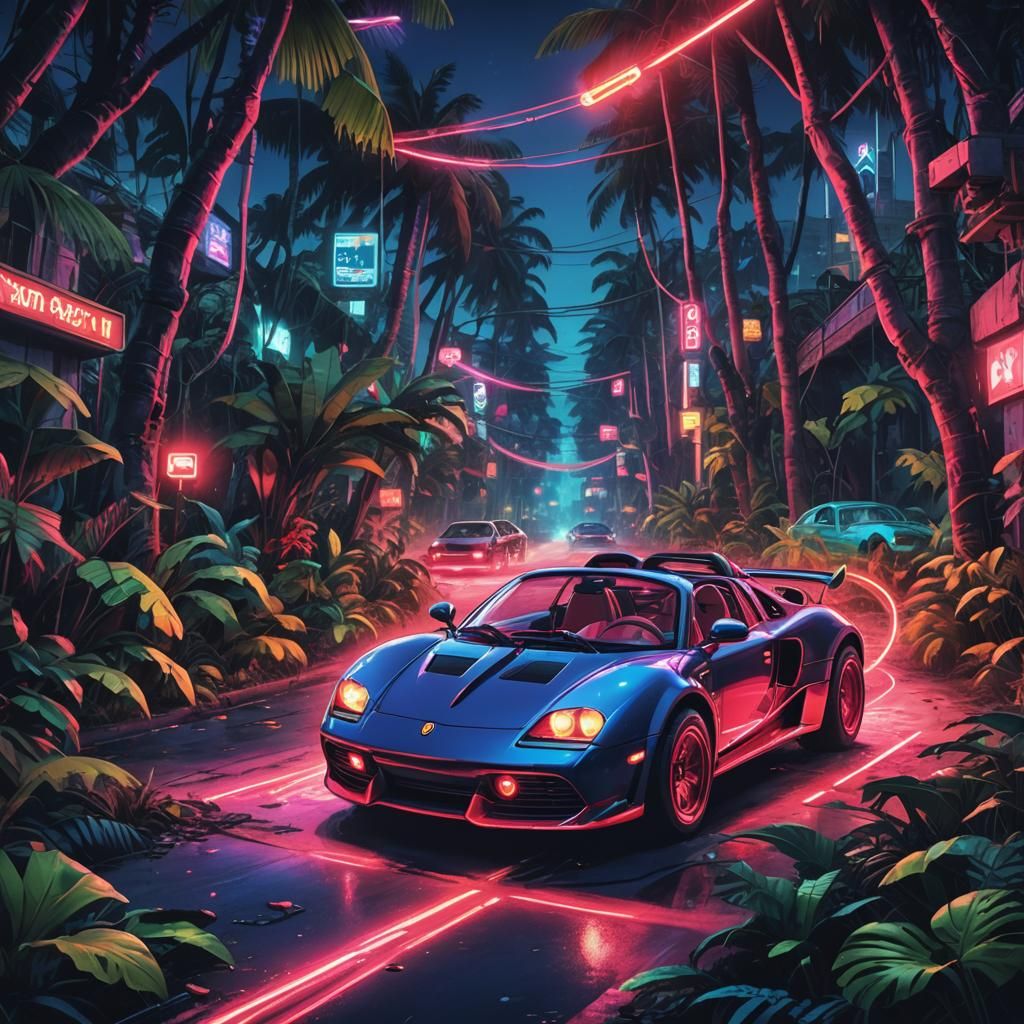 Mario in Bugatti Through Jungle with Neon Lights