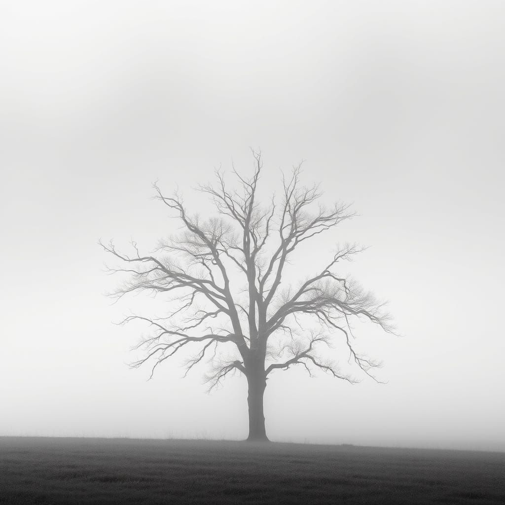 Solitary Tree in Thick Fog - Black and White Photography