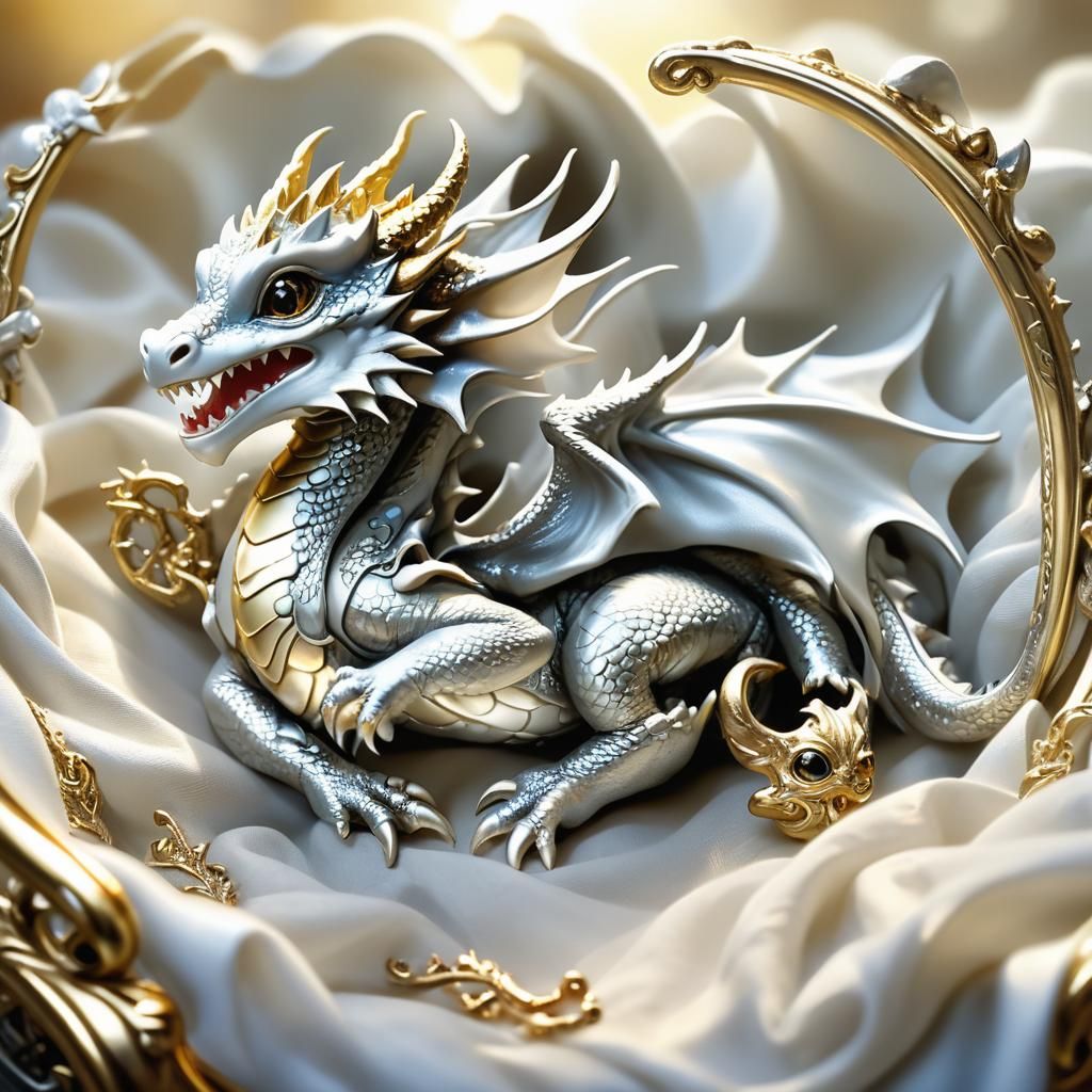 a baby silver dragon lying on it's back like a puppy, with a...
