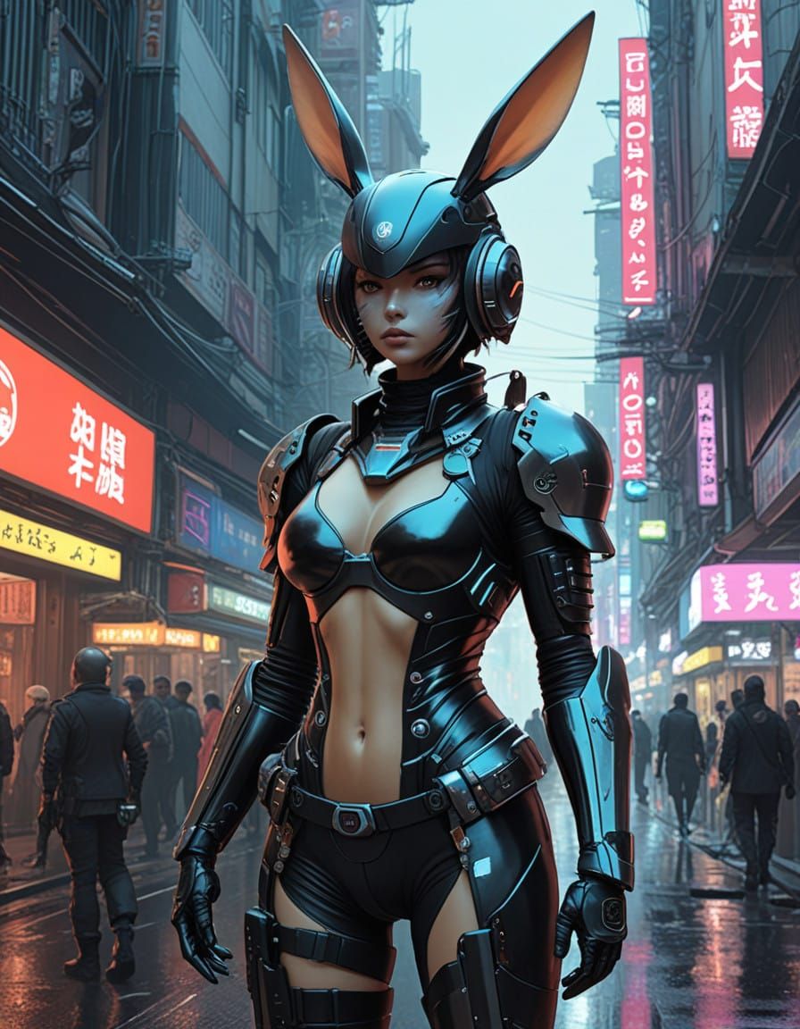 Rabbitpunk Future Cityscape in Cyberpunk Style