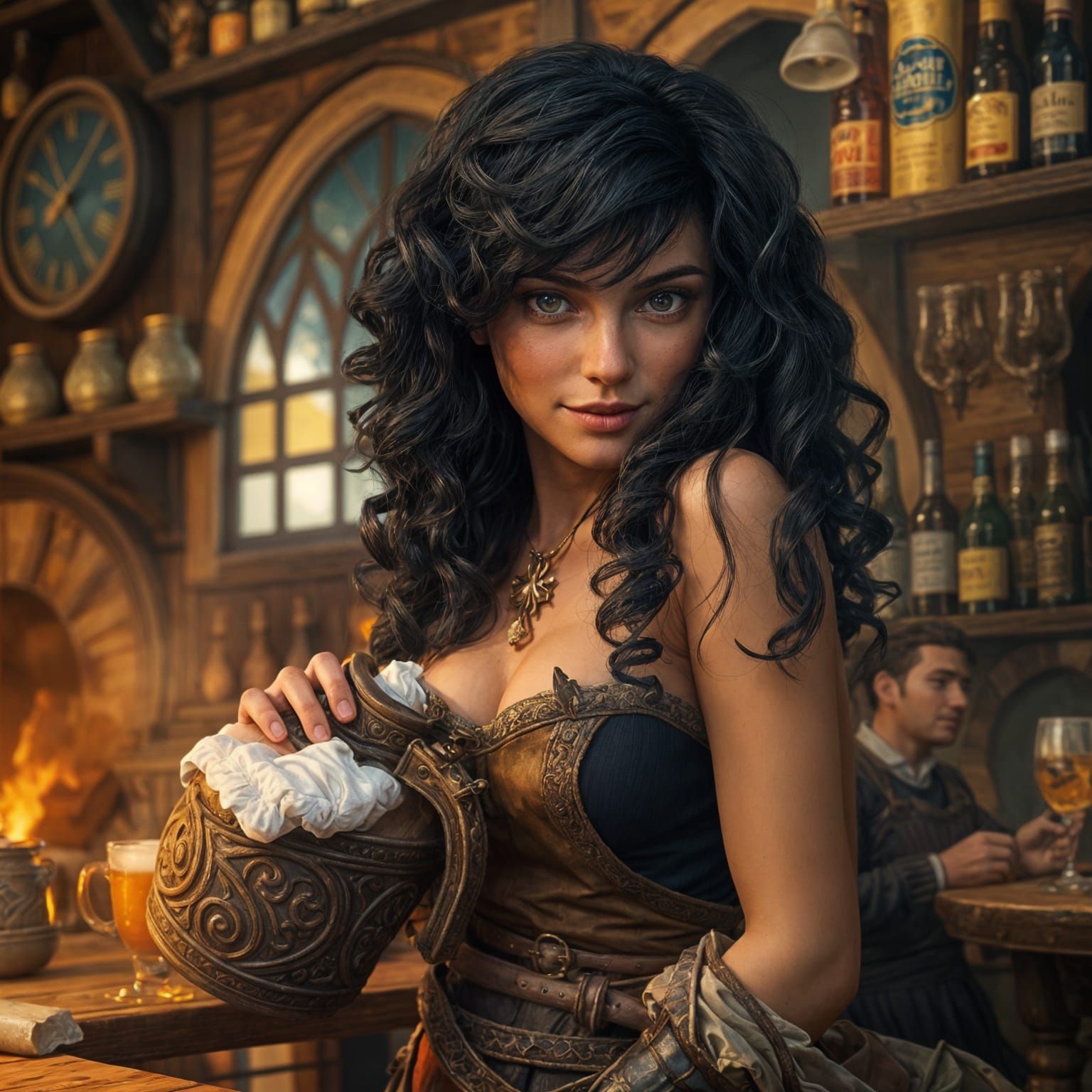 Sensual Tavern Maiden with Luxuriant Black Hair and Golden S...