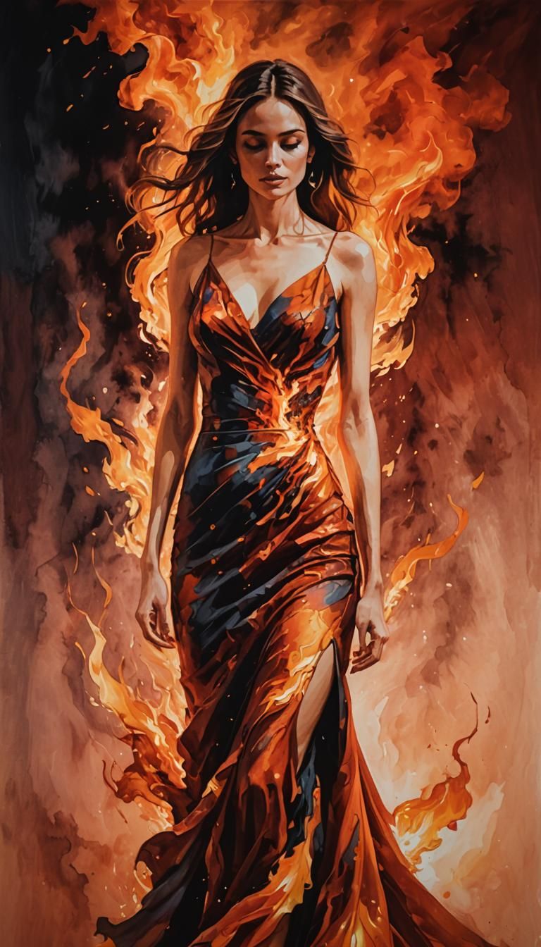 Woman in Dress of Fire: Alcohol Painting
