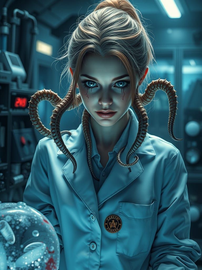Cyberpunk Female Scientist with Tentacles in Dark Frozen Lab