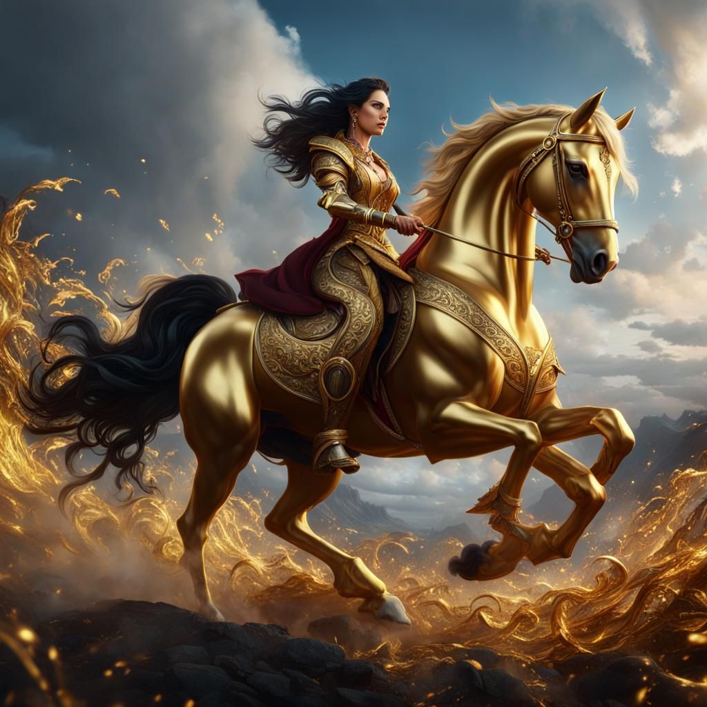 Woman on Golden Horse: Detailed Fantasy Art