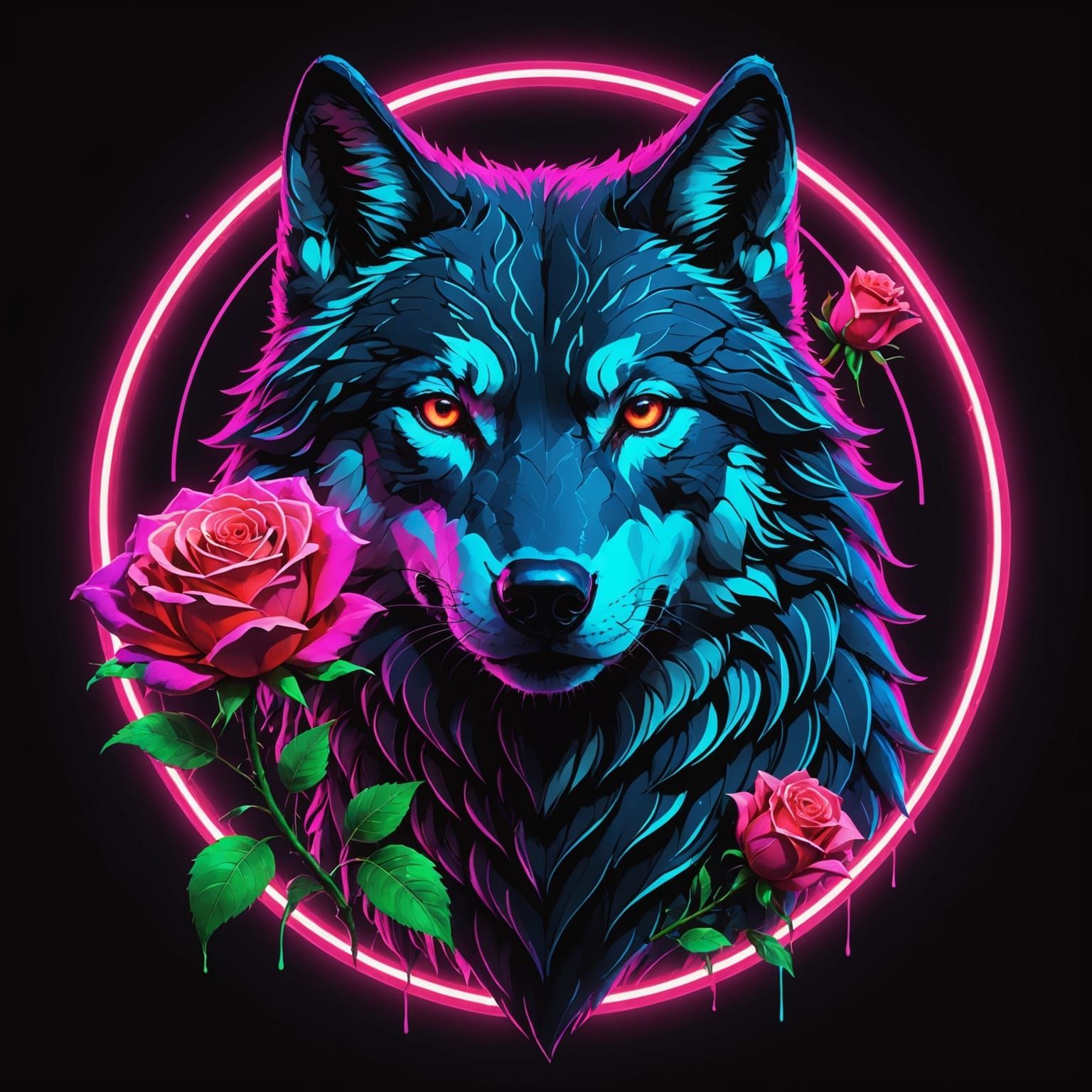 Neon Wolf with Neon Rose