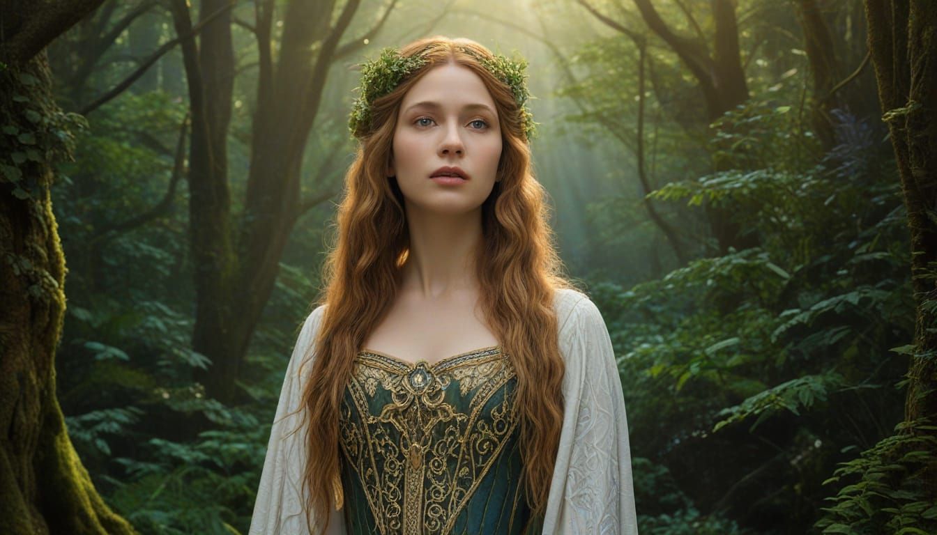 Galadriel in Mystical Forest, Pre-Raphaelite Painting