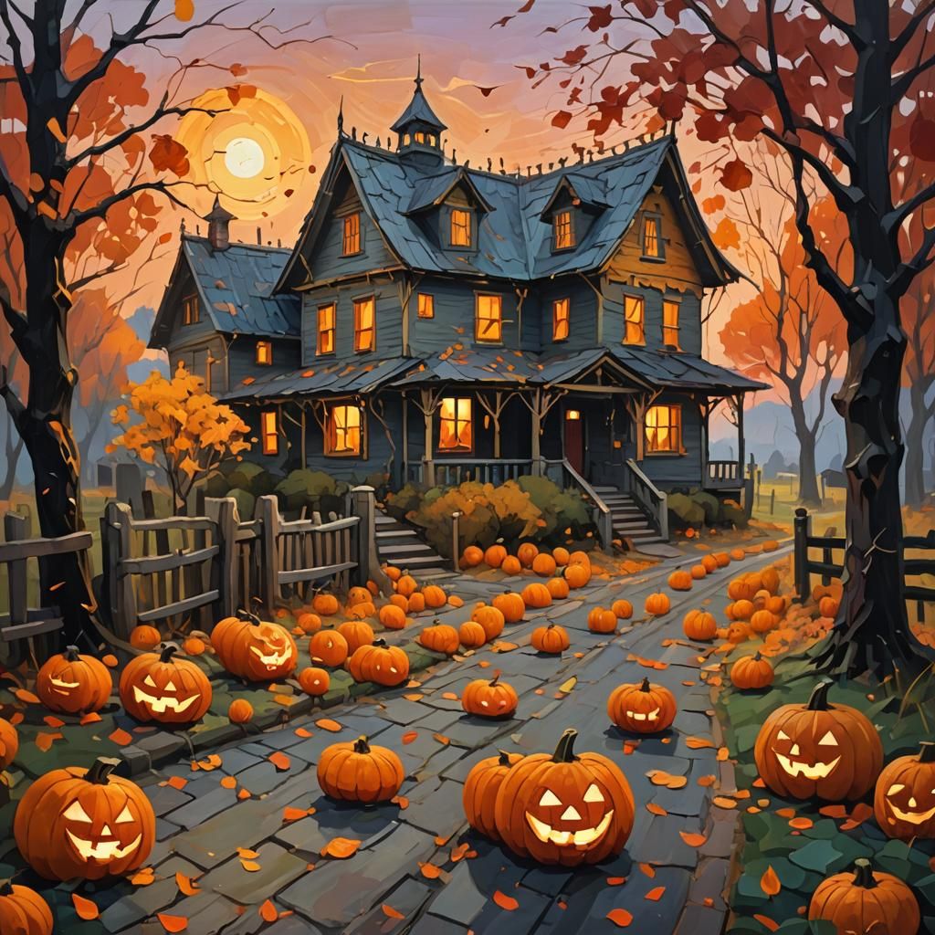 Spooky Sunset House with Jack-o-Lanterns as Impasto Painting