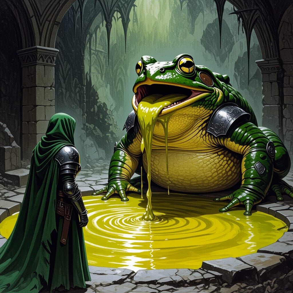 Grotesque Bullfrog Vomiting in Gothic Setting