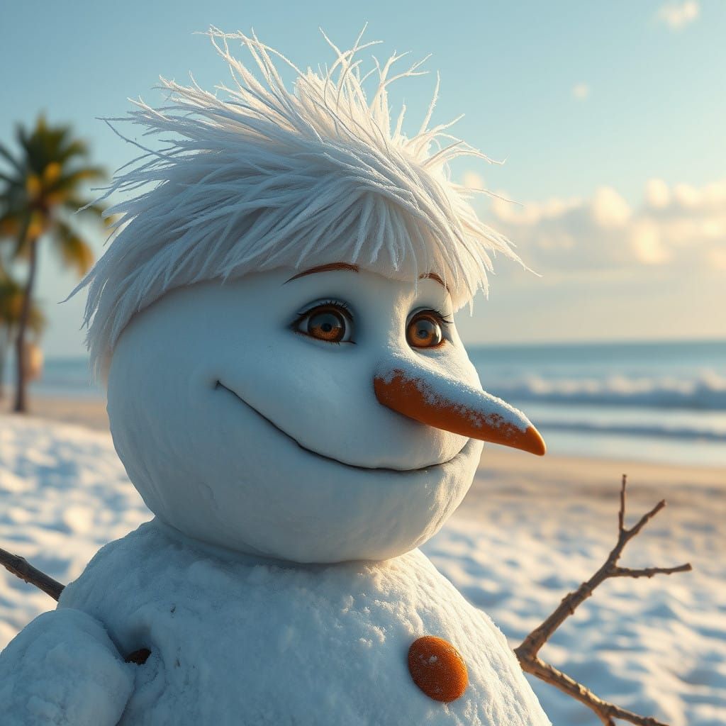 Surreal Snowman Gazing Longingly at a Tropical Beachscape in...