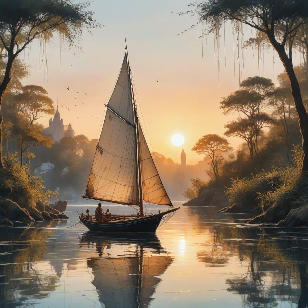 Sailboat Embarks on Ethereal Voyage Under Rising Sun