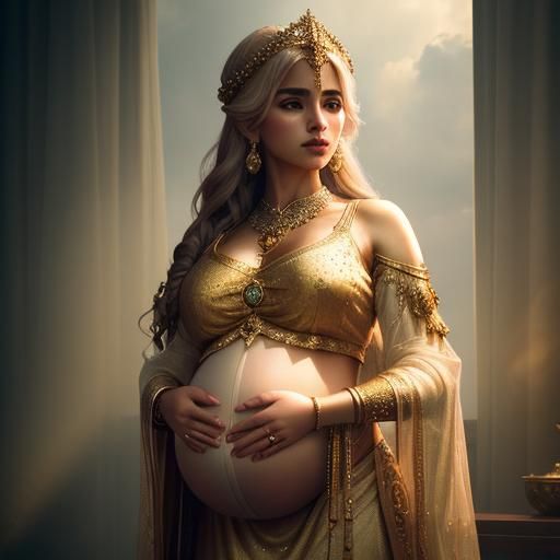 Golden Pregnant Goddess in Hyperrealistic Style