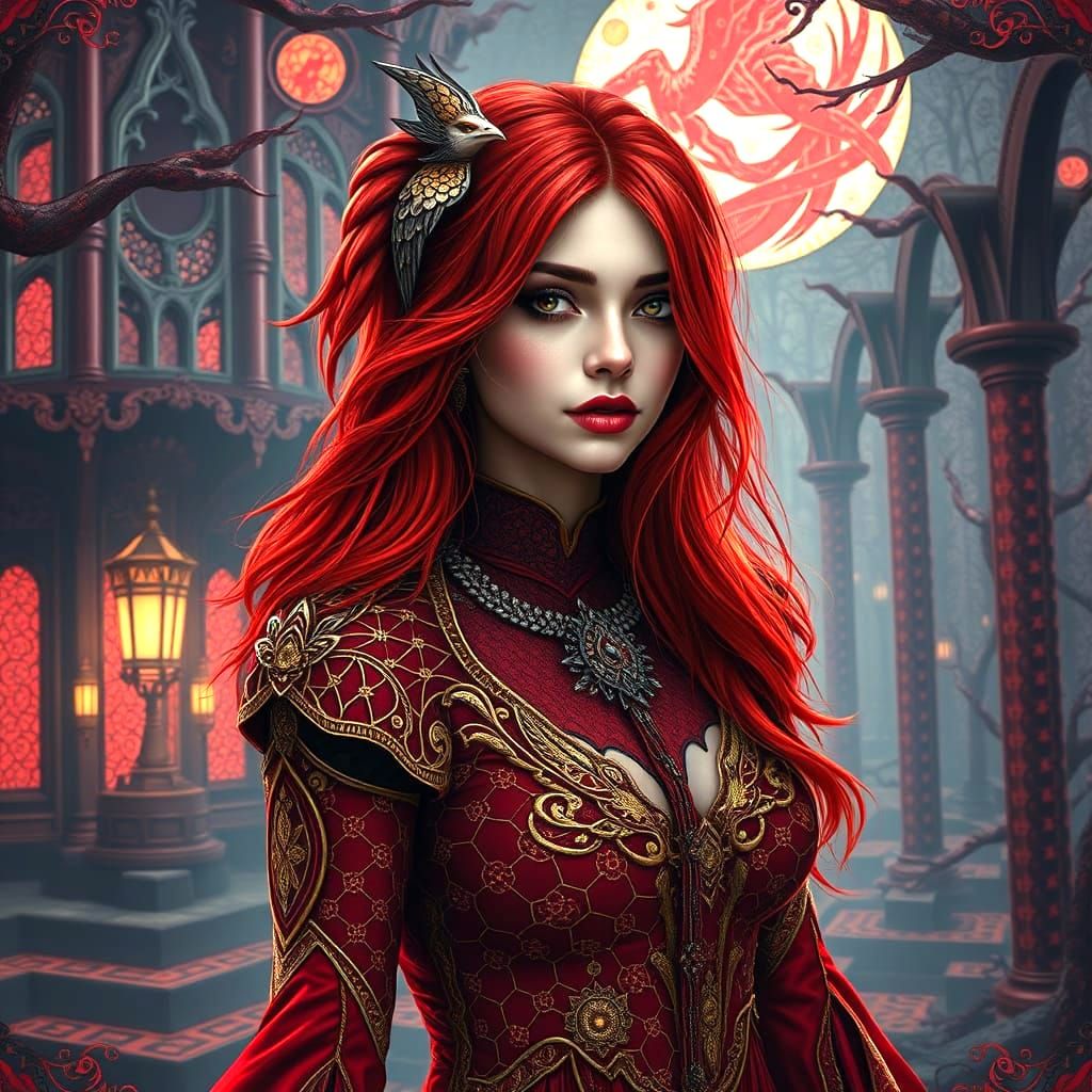 Crimson Haired Woman in Escher Style Architecture