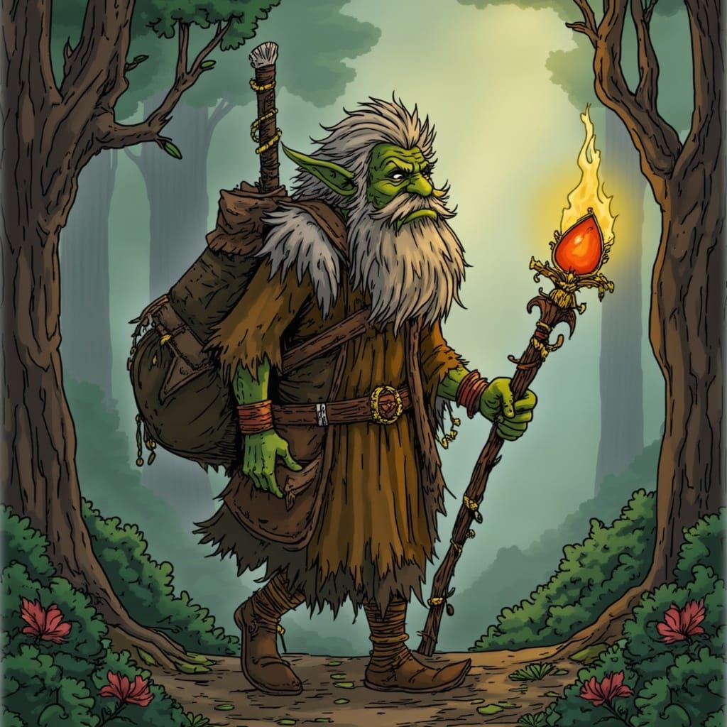 A Wise Old Troll in Earthy Tones Walks Through a Vibrant For...