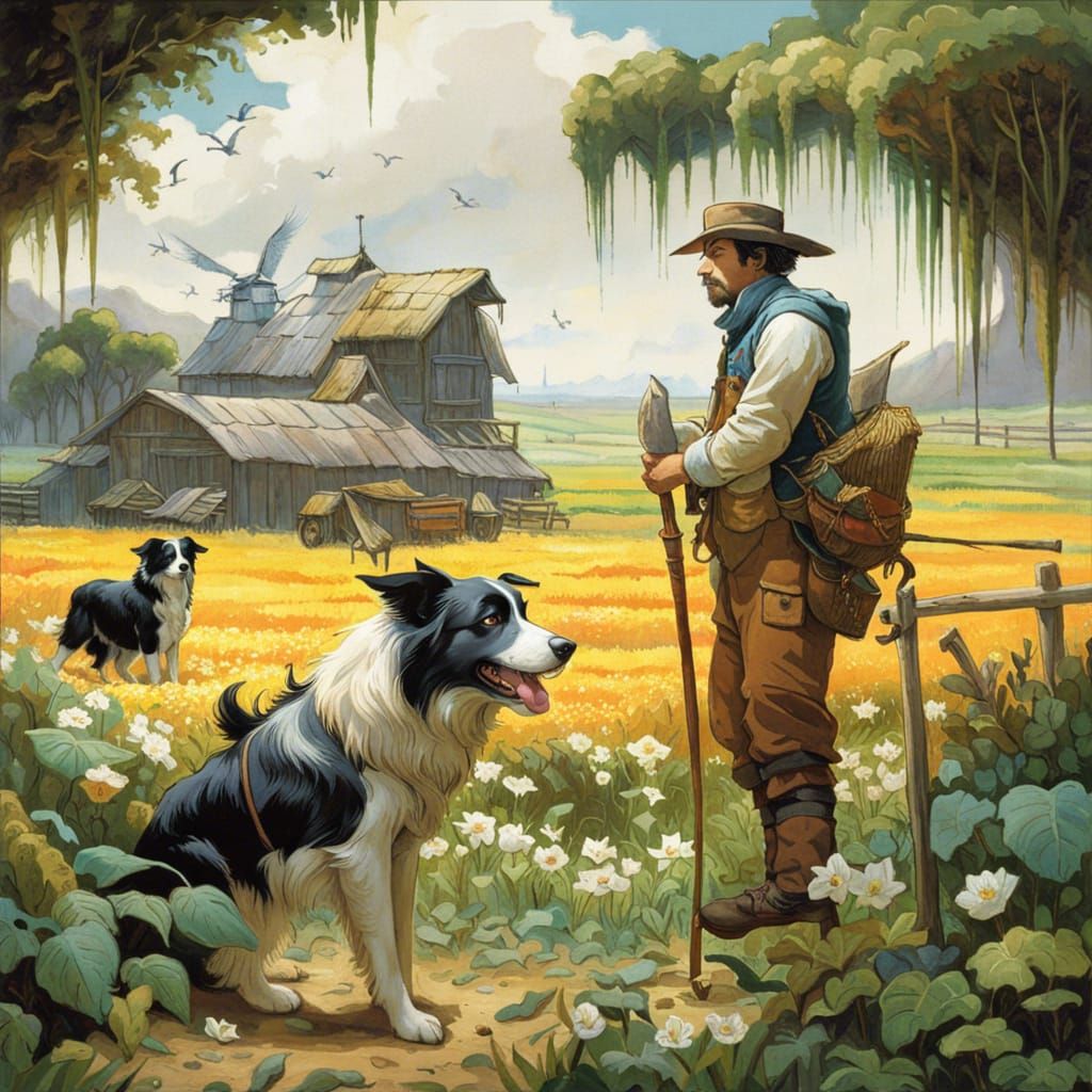 Farmer With His Border Collie Cattle Dogs