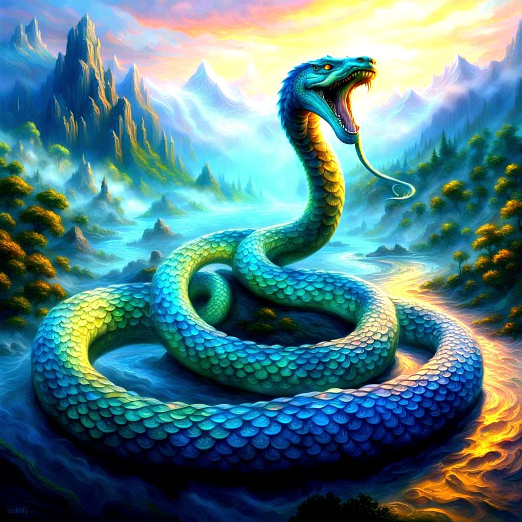 Giant Multicolored Serpent Jörmungand in Ethereal Fantasy