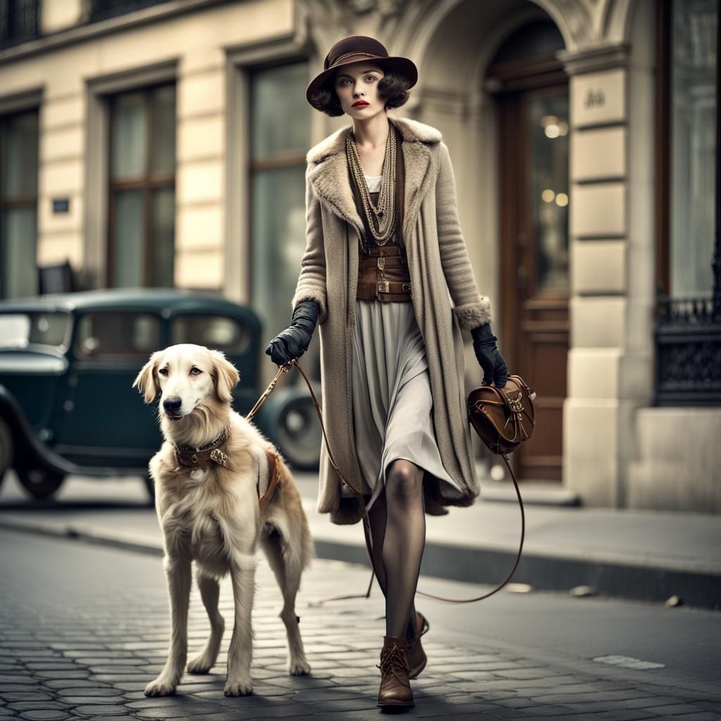 1920s Fashionable Woman with Borzoi in Paris