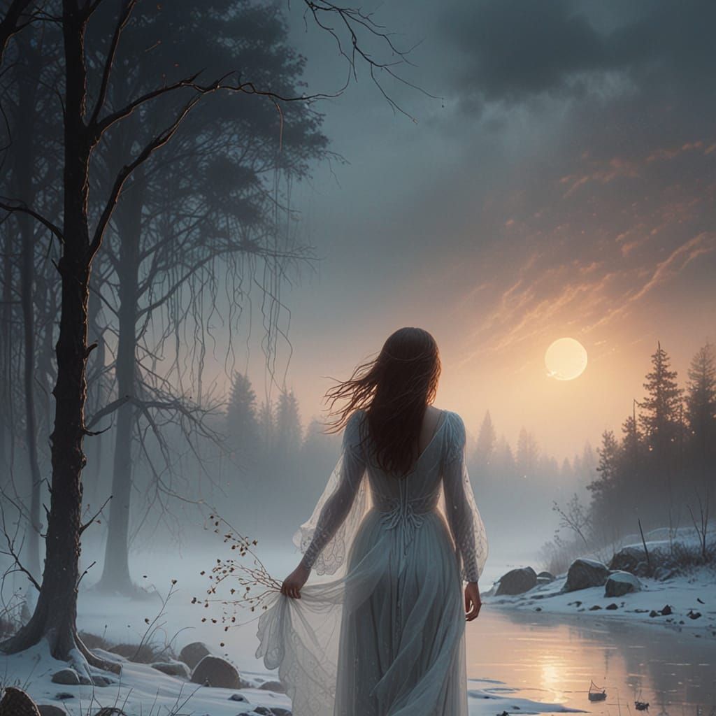 Ethereal Enchantress in Foggy Forest