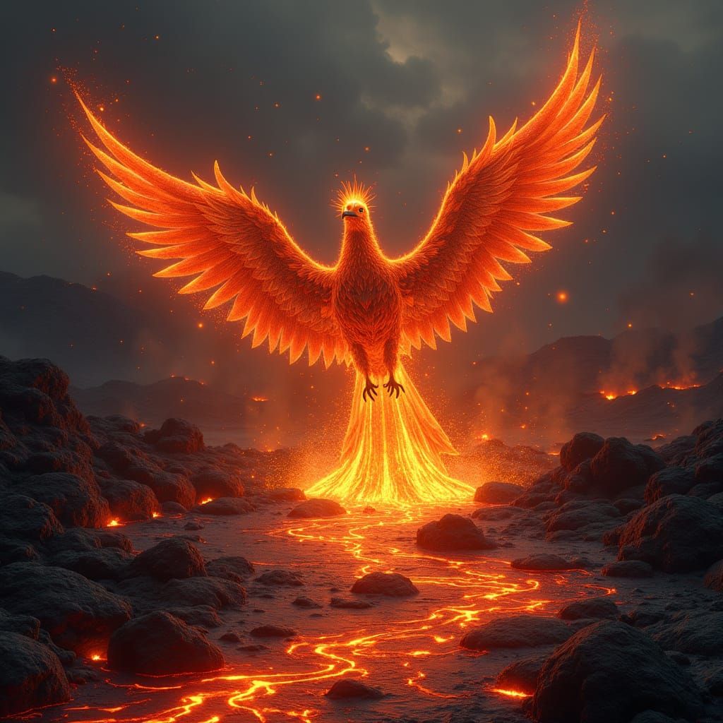 Phoenix Rising from Lava in a Fiery Hell