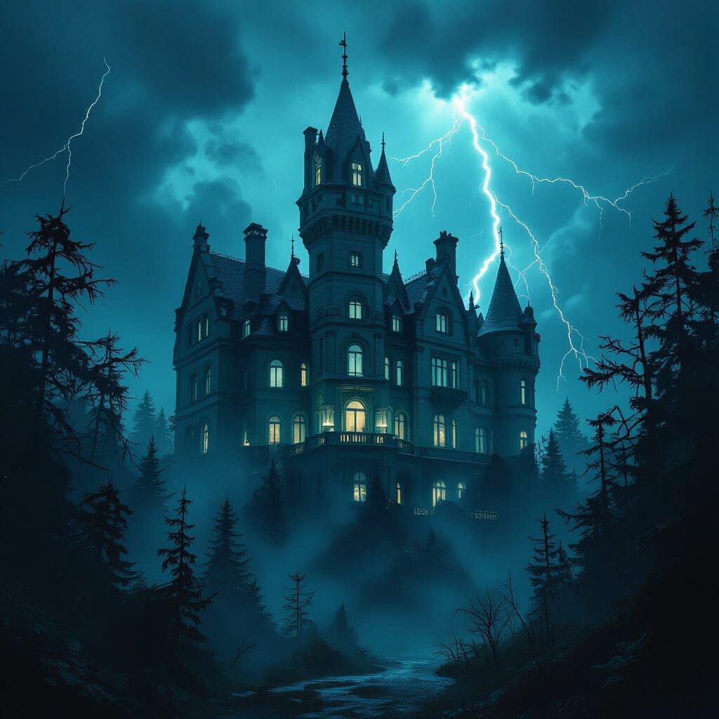 Victorian Castle in Eerie Forest with Approaching Storm