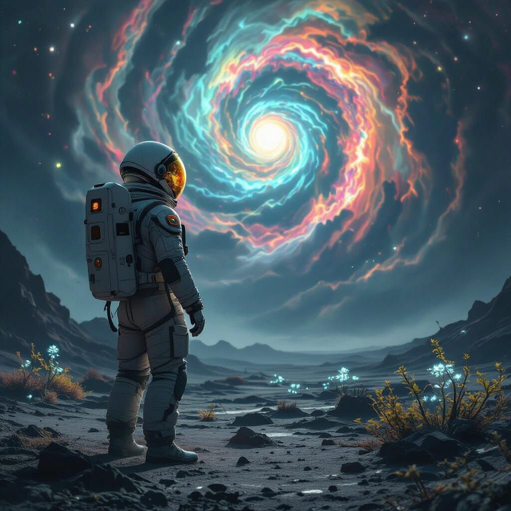 Astronaut Gazes at Psychedelic Vortex on Alien World