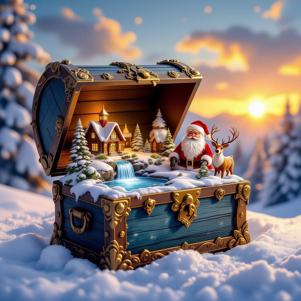 Ornate Treasure Chest Reveals Miniature World at Sunset