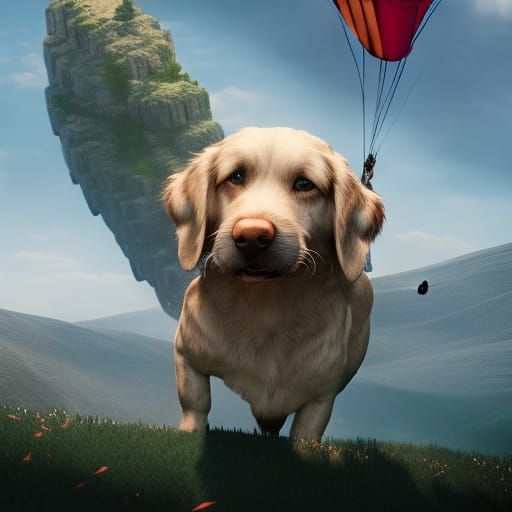 Dog Parachuting from Mountain in Dramatic Digital Painting