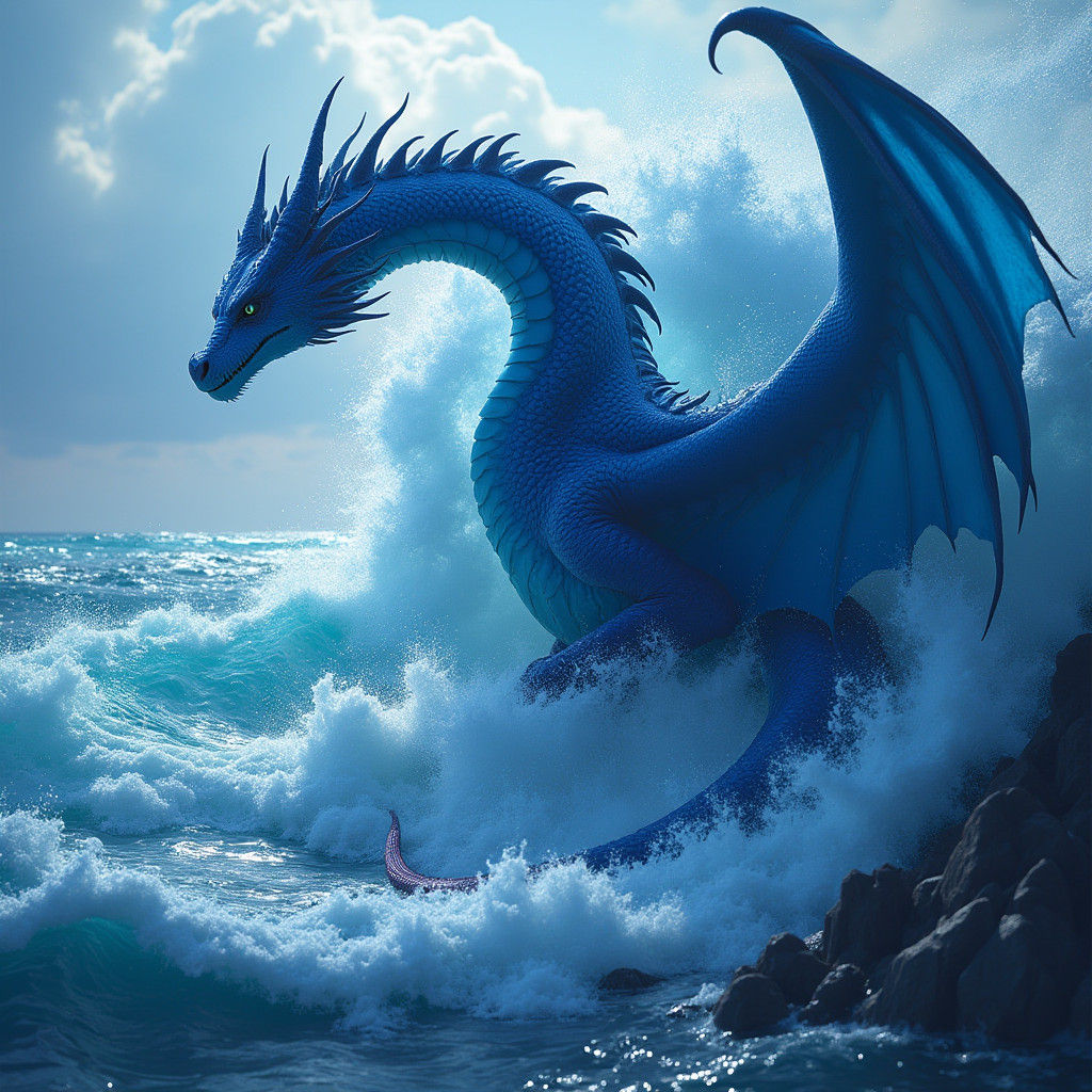 Sapphire Dragon Emerges from Turbulent Ocean in 8K