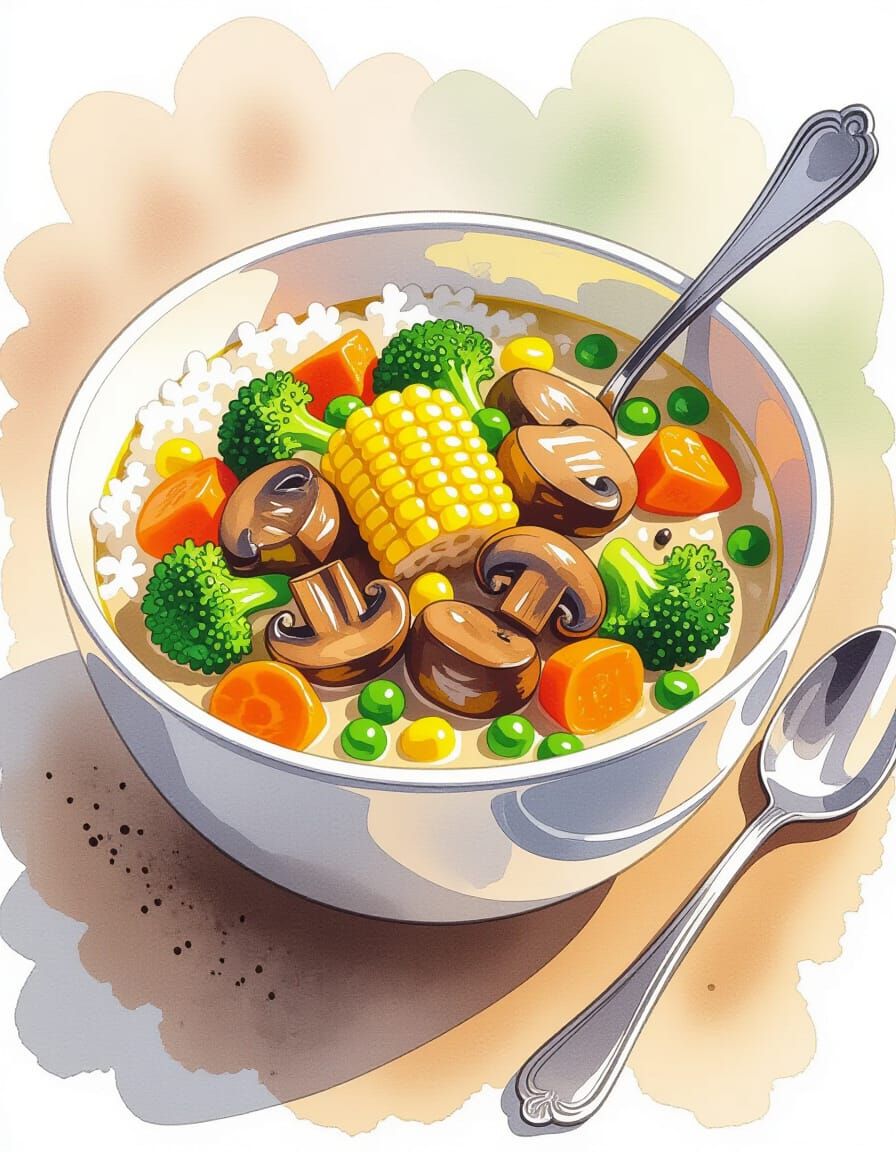 Whimsical Watercolor Beef Stew with Vegetables