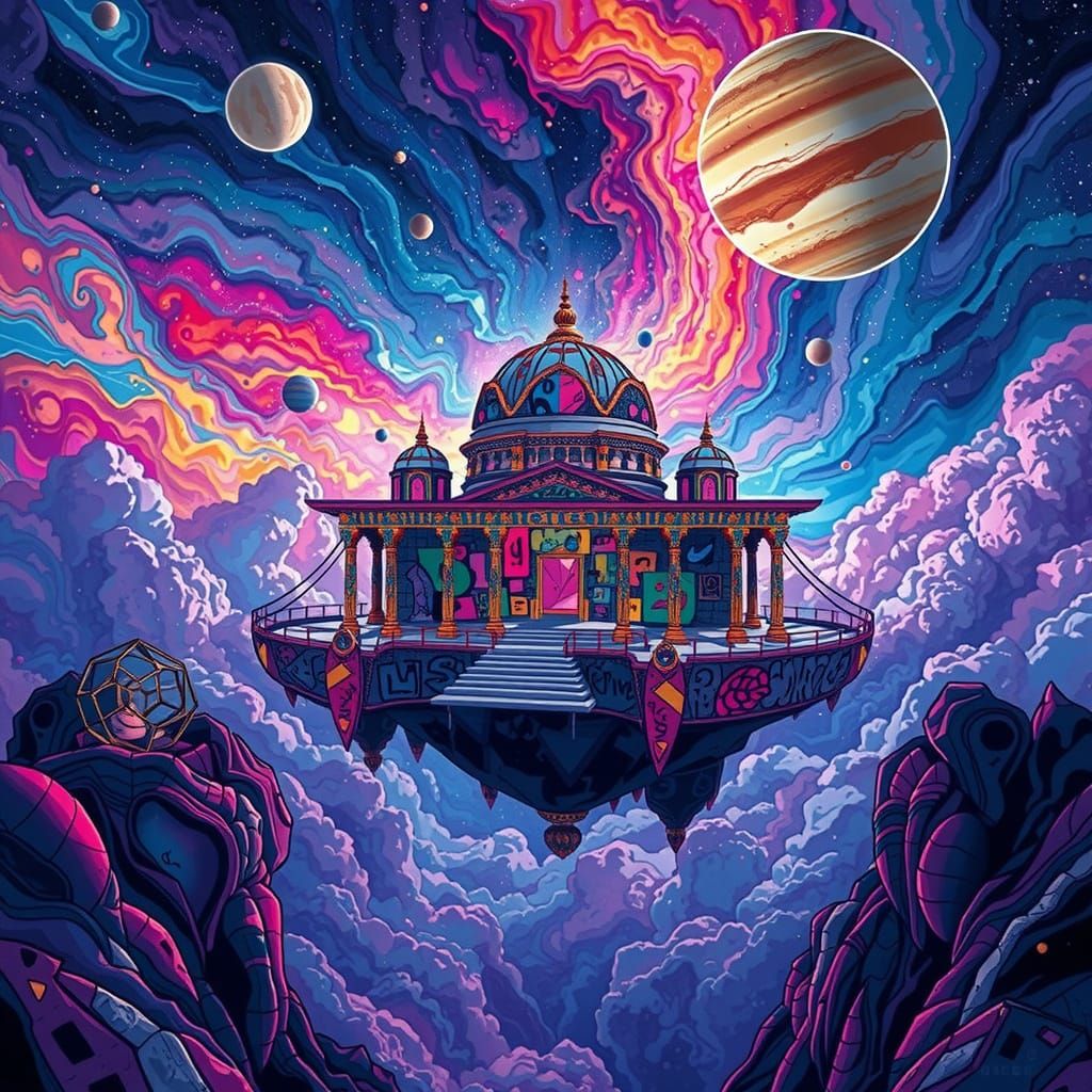 Psychedelic Temple Floats on Jupiter Amidst Storms