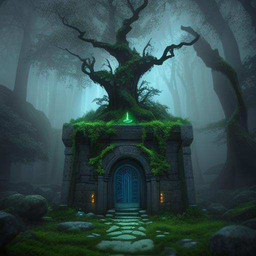 Mystical Forest Portal with Glowing Runes in Surreal Style