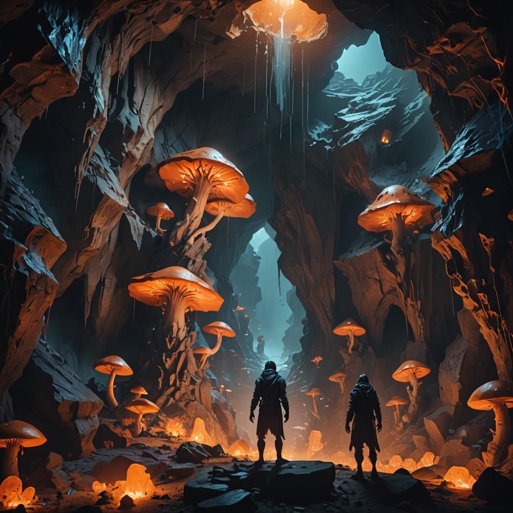 Grotesque Figure in Bioluminescent Cave, Dark Surrealism