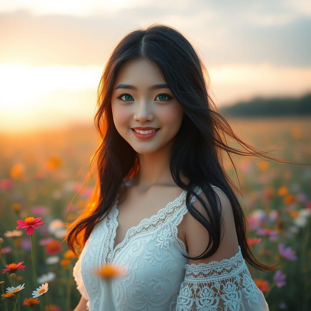 Hyperrealistic Japanese Woman in Wildflower Field at Dawn