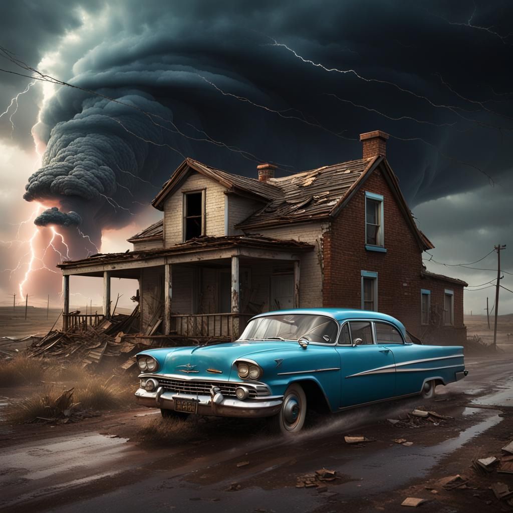 Route 66 Chase: Car vs. Tornado in Matte Painting