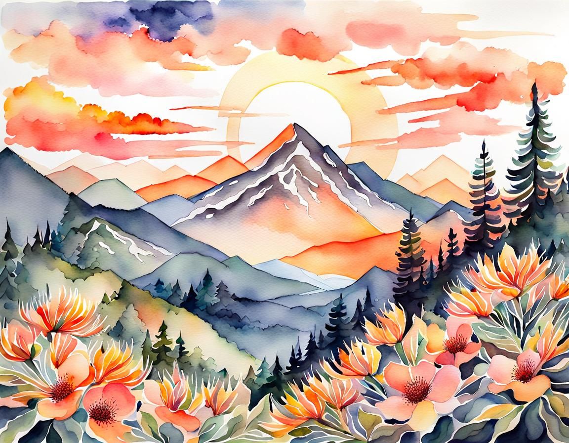 Sunset Mountain with Intricate Flora, Watercolor Style