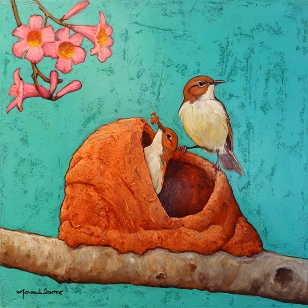 Birds Building Mud Nest in Vibrant Acrylic