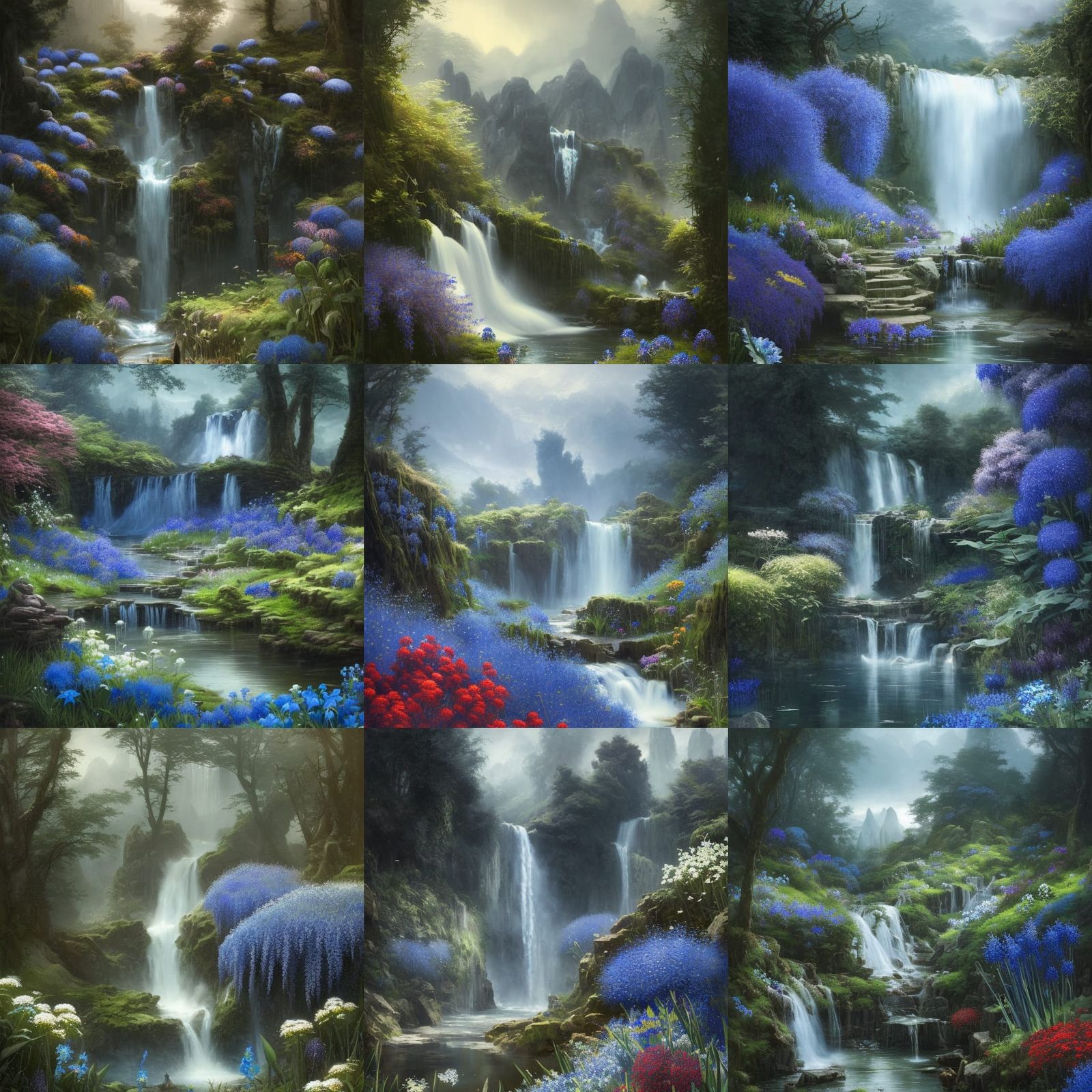Dreamy Waterfall Gardens in Dark Fantasy Style