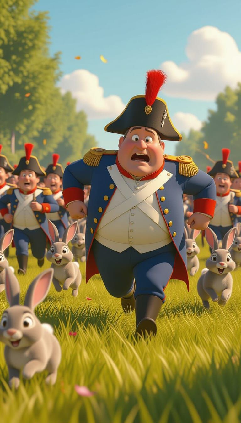 Napoleon and Soldiers Flee Rabbits in Pixar Style