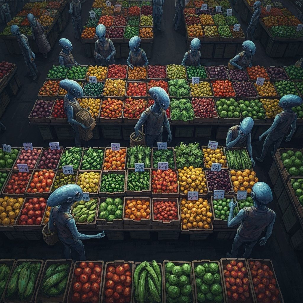 Vibrant Alien Market in Gouache and Watercolor Style