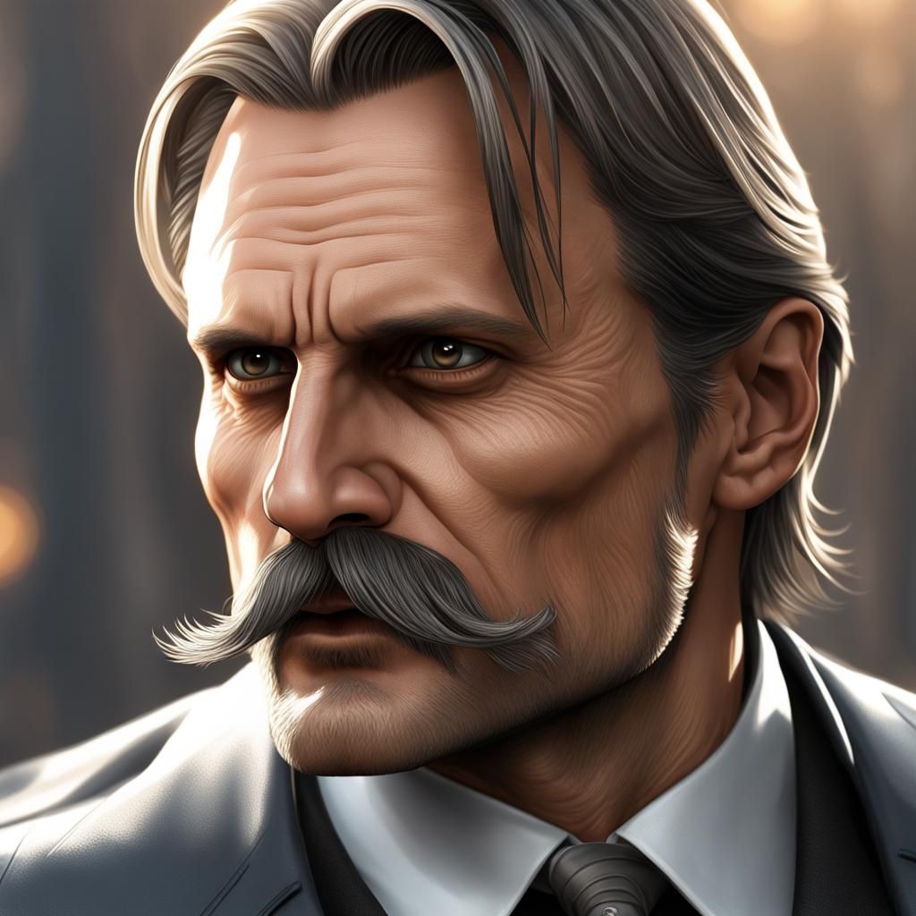 close up Viggo Mortensen as a russian gangster, mustache, combed slicked-back hair, on a sunny day, cybertech wear, ultr...
