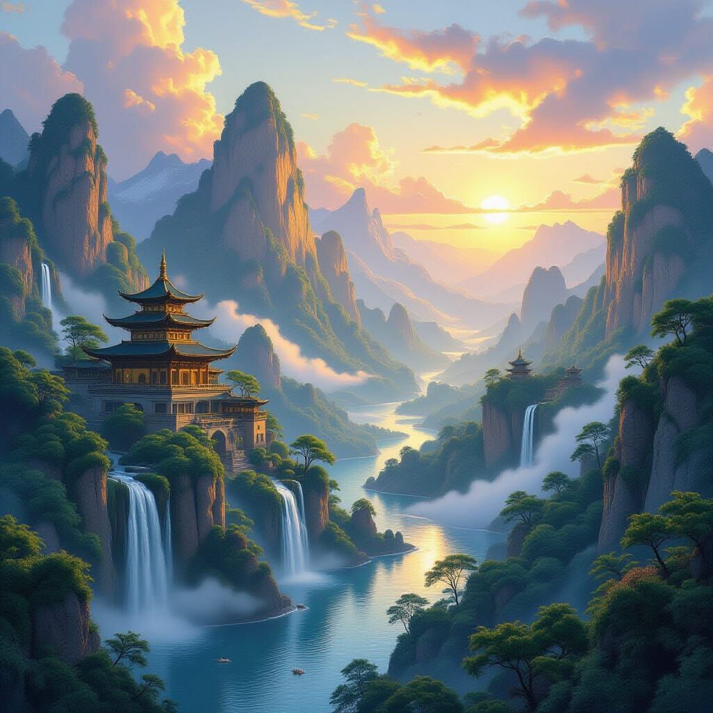 Ancient Mountain Sanctuary at Dawn in Fantasy Art Style