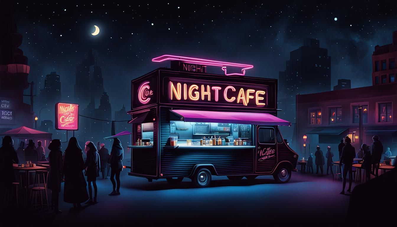 Night Cafe Food Truck in Vector Art Style