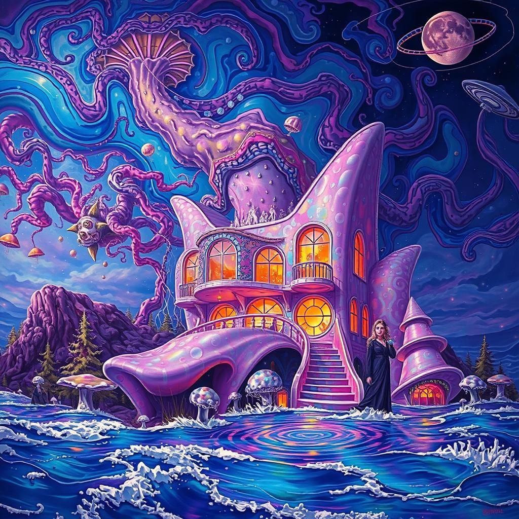 Mystical Woman and UFO in Surreal Landscape